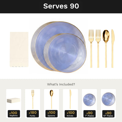 Blue Luster Ultimate Set | Plates, Gold Cutlery & Napkins | Serves 90