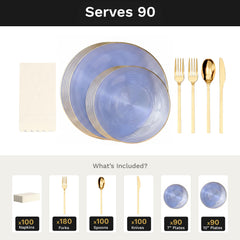 Blue Luster Ultimate Set | Plates, Gold Cutlery & Napkins | Serves 90