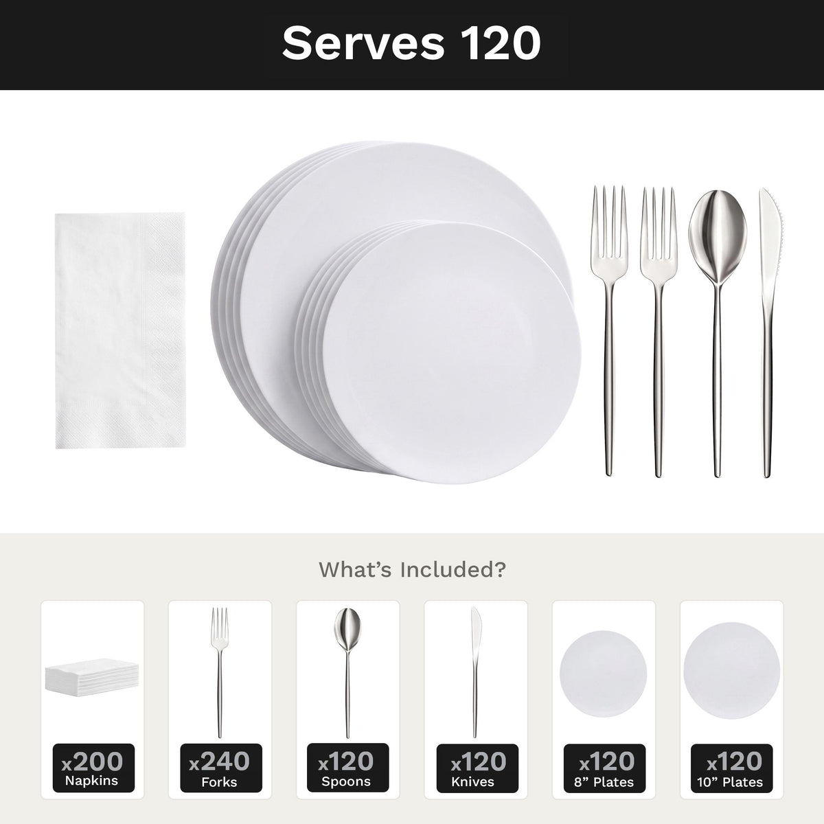 Trend White Ultimate Set | Plates, Silver Cutlery & Napkins | Serves 120