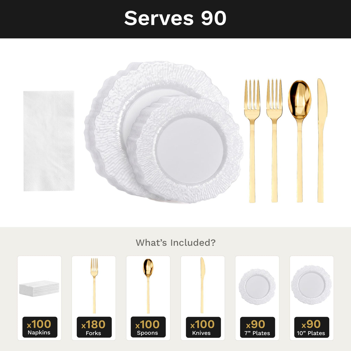 Pearl White Leaf Ultimate Set | Plates, Gold Cutlery & Napkins | Serves 90