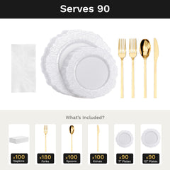 Pearl White Leaf Ultimate Set | Plates, Gold Cutlery & Napkins | Serves 90