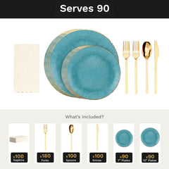 Turquoise Burst Ultimate Set | Plates, Gold Cutlery & Napkins | Serves 90