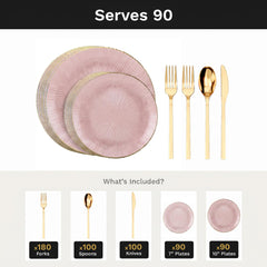 Pink Burst Deluxe Set | Plates & Gold Cutlery | Serves 90