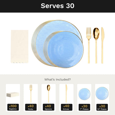 Blue Weave Ultimate Set | Plates, Gold Cutlery & Napkins | Serves 30