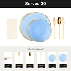 Blue Weave Ultimate Set | Plates, Gold Cutlery & Napkins | Serves 30