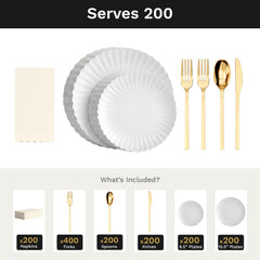 Scalloped Snow Ultimate Set | Plates, Gold Cutlery & Napkins | Serves 200
