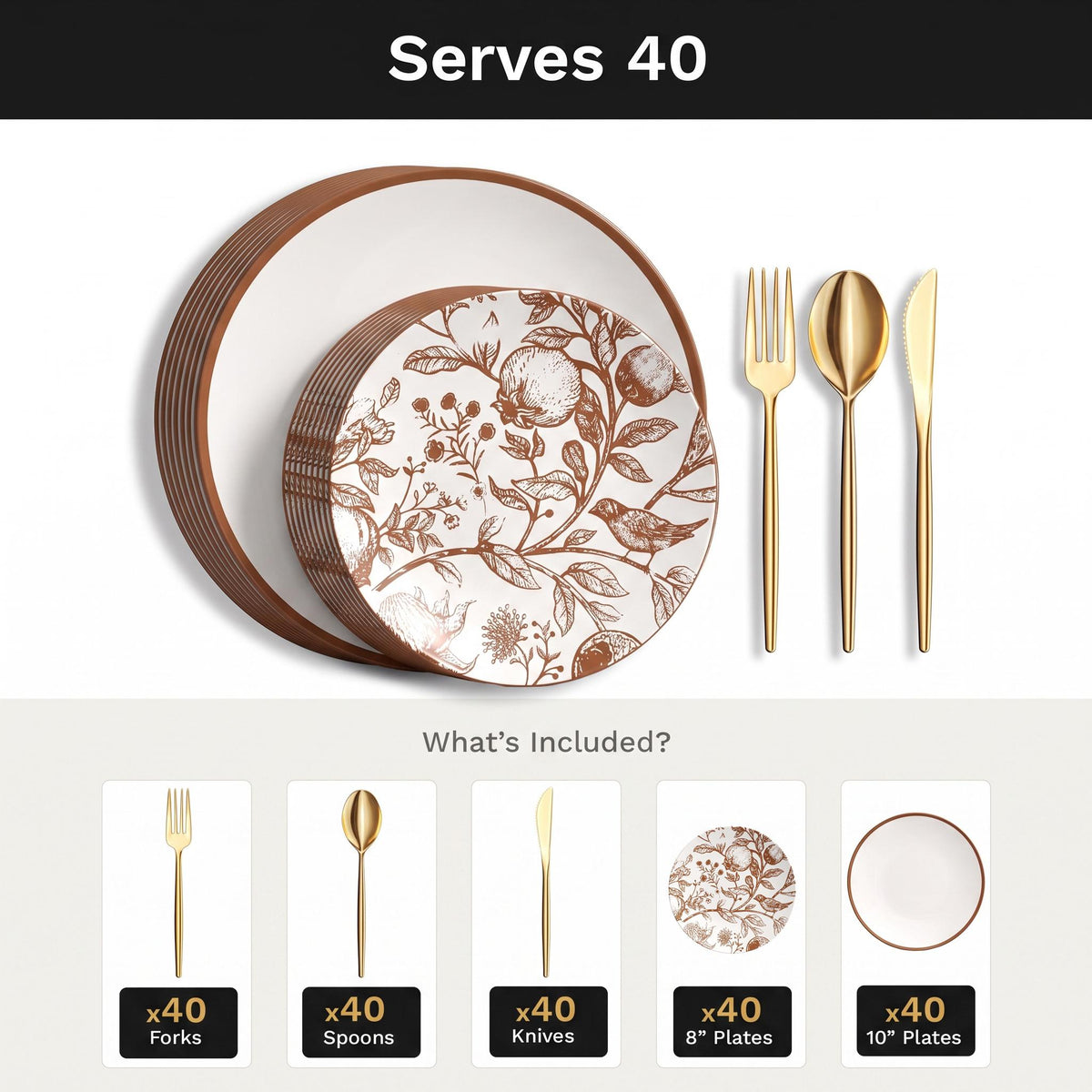 Pomegranate Deluxe Set | Plates & Gold Cutlery | Serves 40