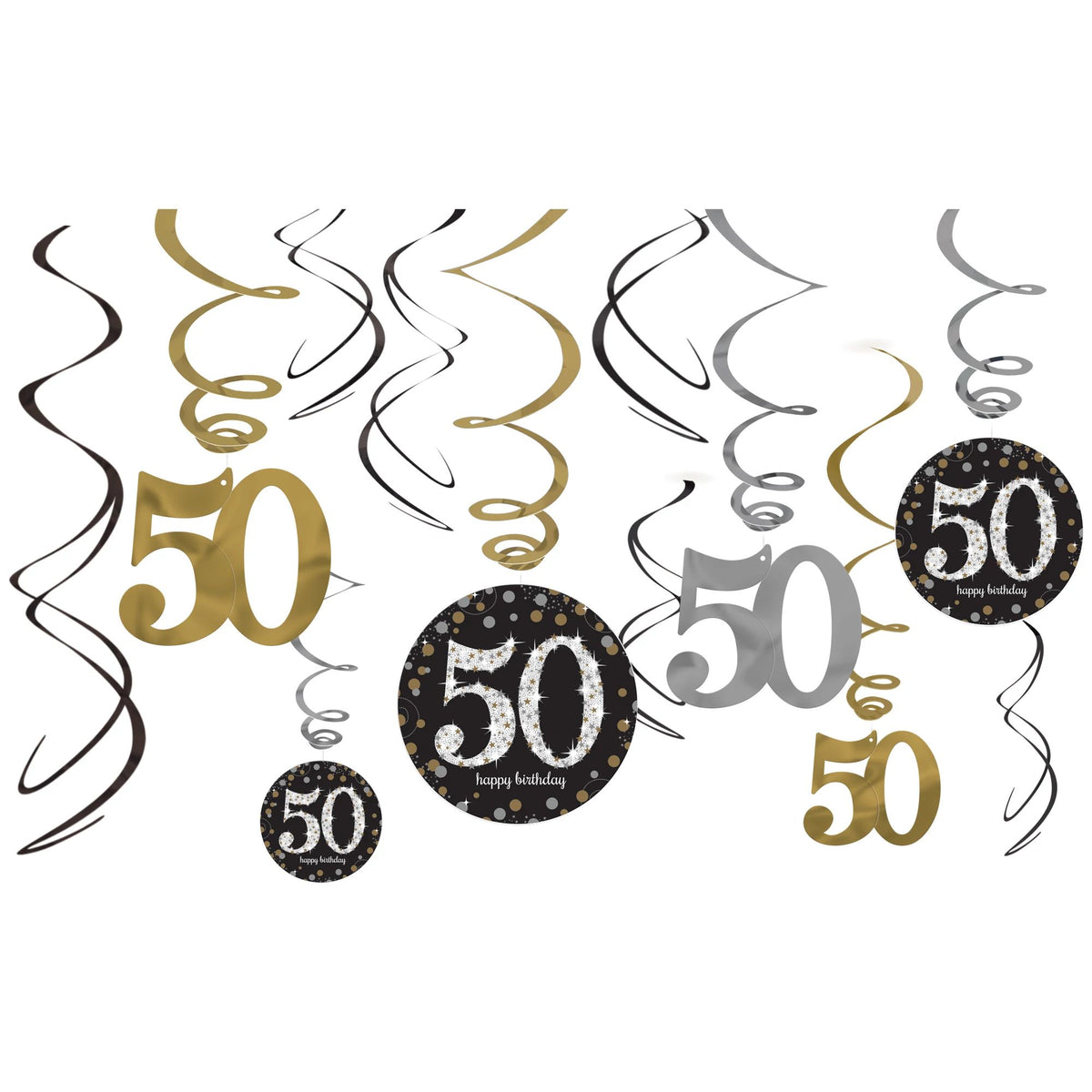 Sparkling Celebration 50 Swirl Decorations, Gold/Silver/Black, Polka Dot, 10-inch, 12-ct - Pack of 12