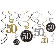 Sparkling Celebration 50 Swirl Decorations, Gold/Silver/Black, Polka Dot, 10-inch, 12-ct - Pack of 12
