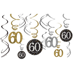 Sparkling Celebration 60th Birthday Swirl Decorations, Gold/Silver/Black, 10 inch, 12-ct - Pack of 12