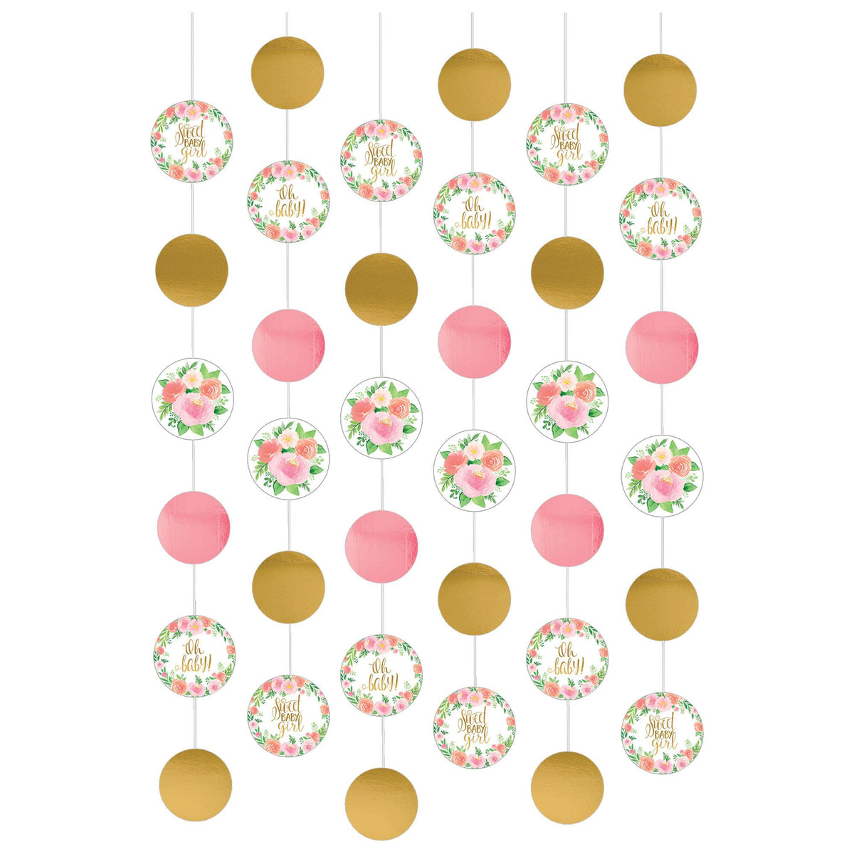 Floral Baby String Hanging Decorations, Pink/Gold, 7-foot, 6-ct - Pack of 12
