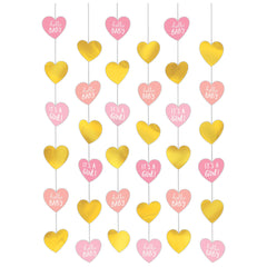 "It's a Girl" String Decorations, Gold/Pink, Hearts, 7-foot, 6-ct - Case of 72
