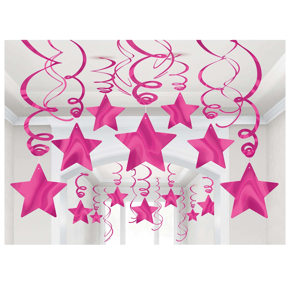 Pink Star Swirl Decorations, 30-ct - Case of 48