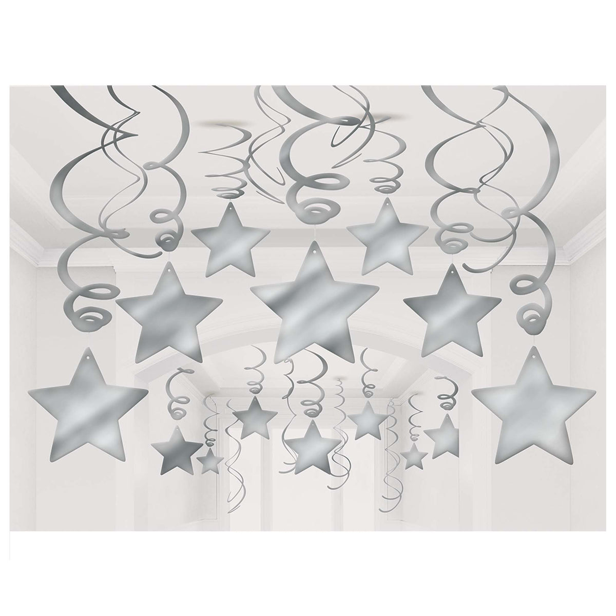 Silver Shooting Star Swirl Decorations, 30-pcs - Case of 48