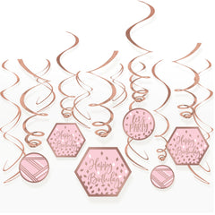 Blush Birthday Swirl Hanging Decorations, Rose Gold, 10-inch, 12-ct - Pack of 12