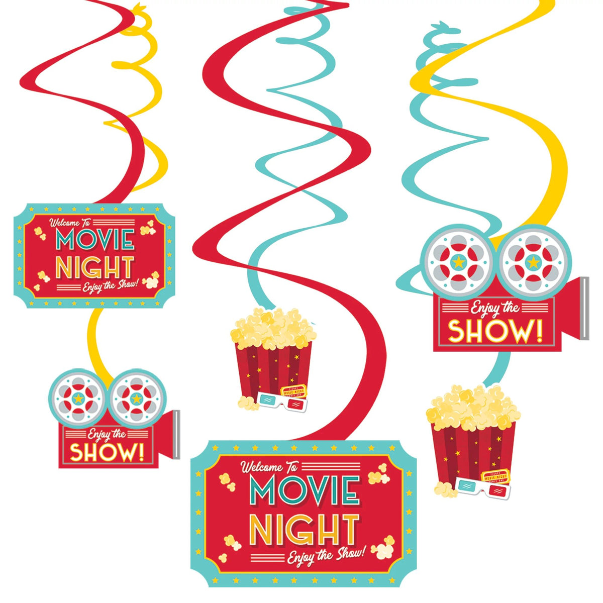 Movie Night Swirl Decorations, Red/Blue, 10-inch, 12-ct - Case of 48