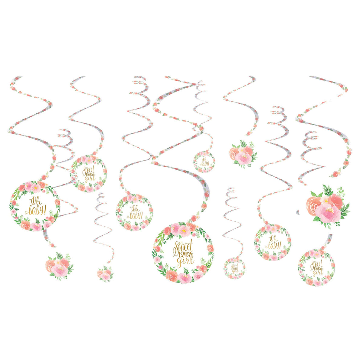 Floral Baby Swirl Decorations, Pink/White, 10-inch, 12-ct - Pack of 12