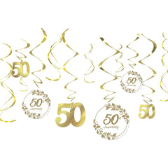 50th Anniversary Swirl Decorations, Gold, 10 inch, 12-ct - Pack of 12