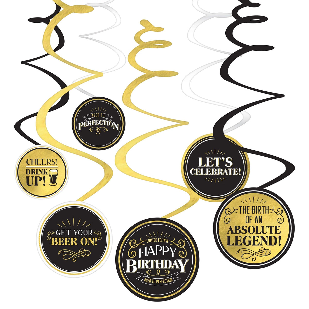 Better with Age Happy Birthday Swirl Decorations, Gold/Black, 10-inch, 12-ct - Pack of 12