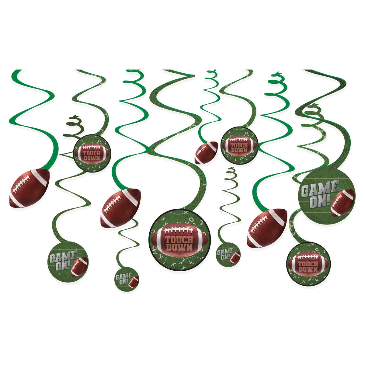 Football Touch Down Swirl Hanging Decorations, Green/Brown, 10-inch, 12-ct - Pack of 12