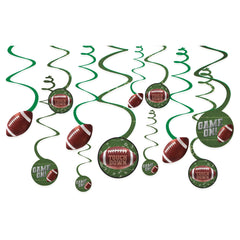 Football Touch Down Swirl Hanging Decorations, Green/Brown, 10-inch, 12-ct - Case of 48