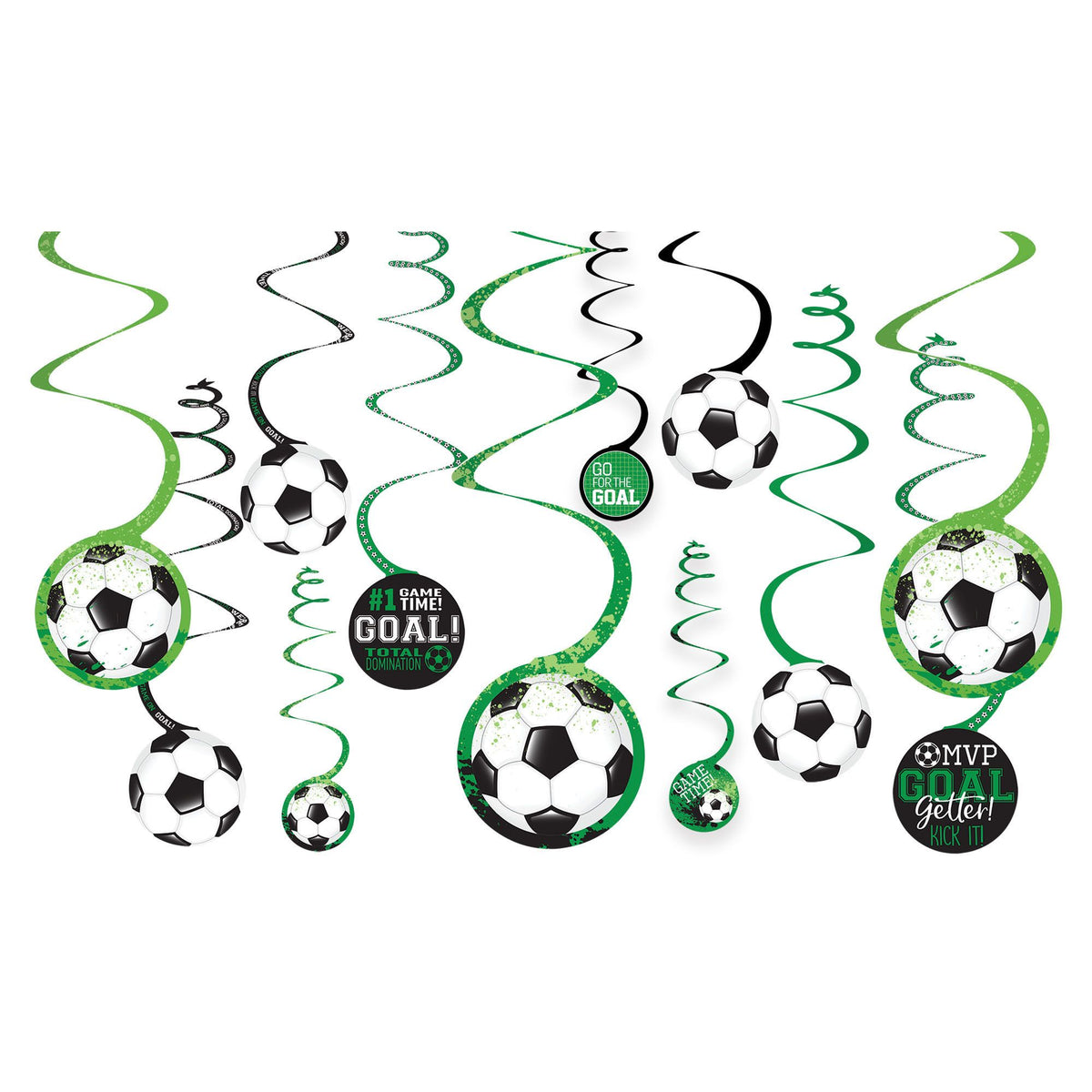 Soccer Swirl Hanging Decorations, Green/White, 10-inch, 12-ct - Case of 48