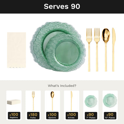 Green Leaf Ultimate Set | Plates, Gold Cutlery & Napkins | Serves 90