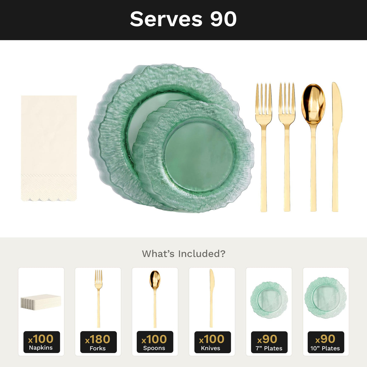 Green Leaf Ultimate Set | Plates, Gold Cutlery & Napkins | Serves 90