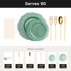 Green Leaf Ultimate Set | Plates, Gold Cutlery & Napkins | Serves 90