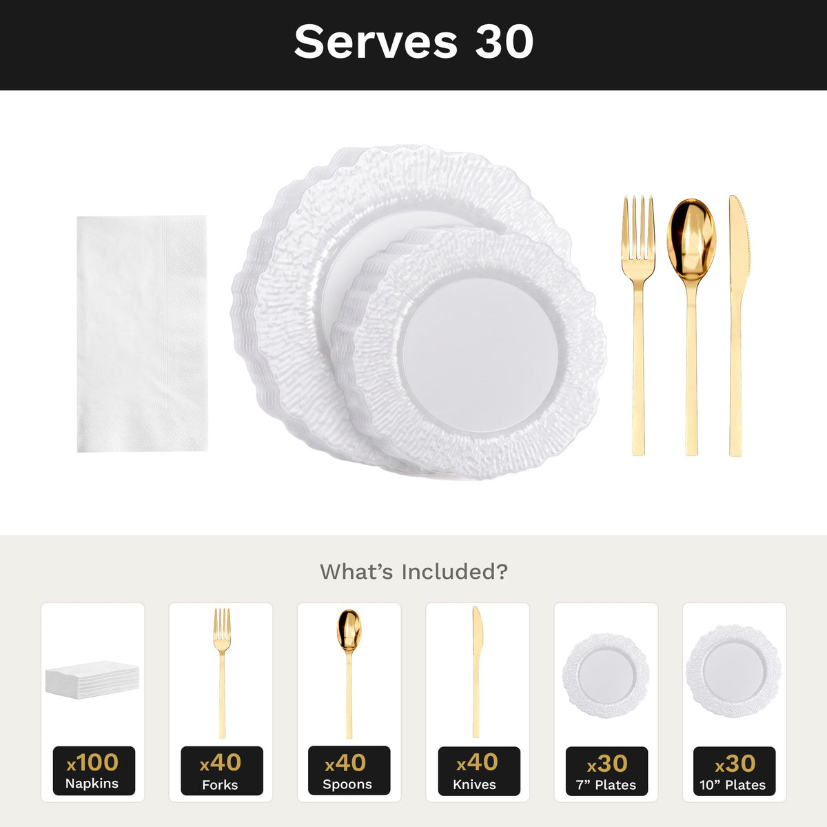 Pearl White Leaf Ultimate Set | Plates, Gold Cutlery & Napkins | Serves 30