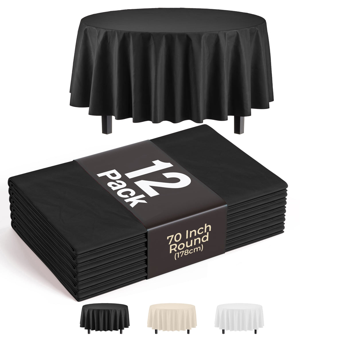 70 In. Premium Round Black Plastic Table Covers | 12 Pack