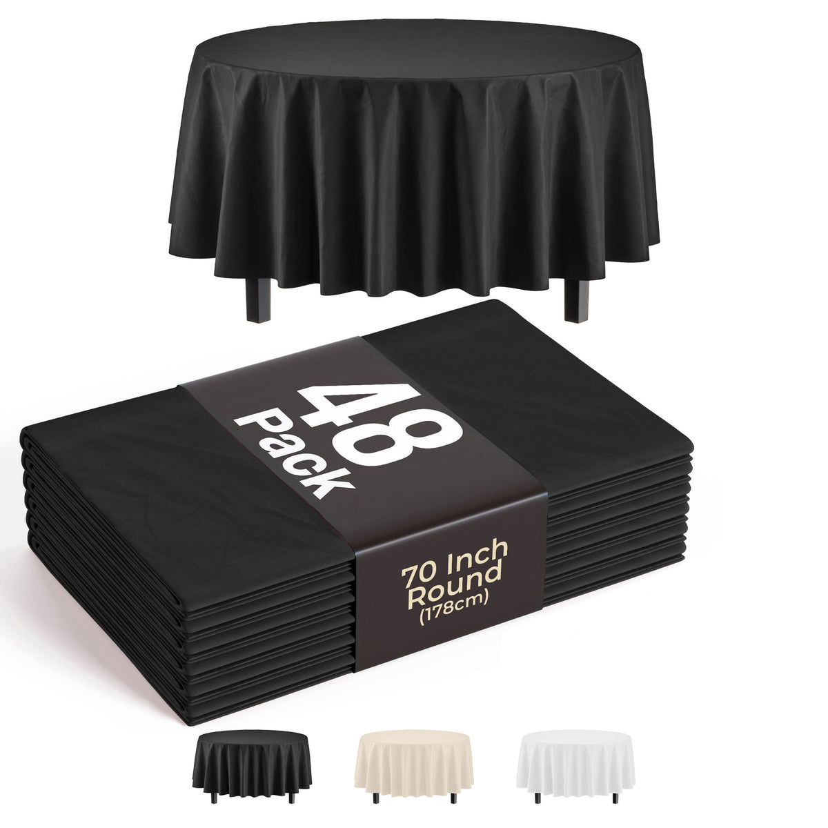 70 In. Premium Round Black Plastic Table Covers | 48 Count