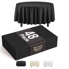 70 In. Premium Round Black Plastic Table Covers | 48 Count