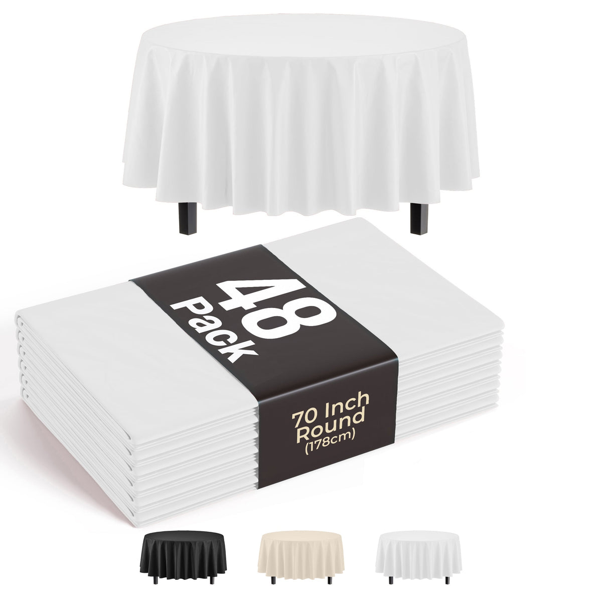 70 In. Premium Round White Plastic Table Covers | 48 Count
