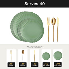 Scalloped Matcha Deluxe Set | Plates & Gold Cutlery | Serves 40