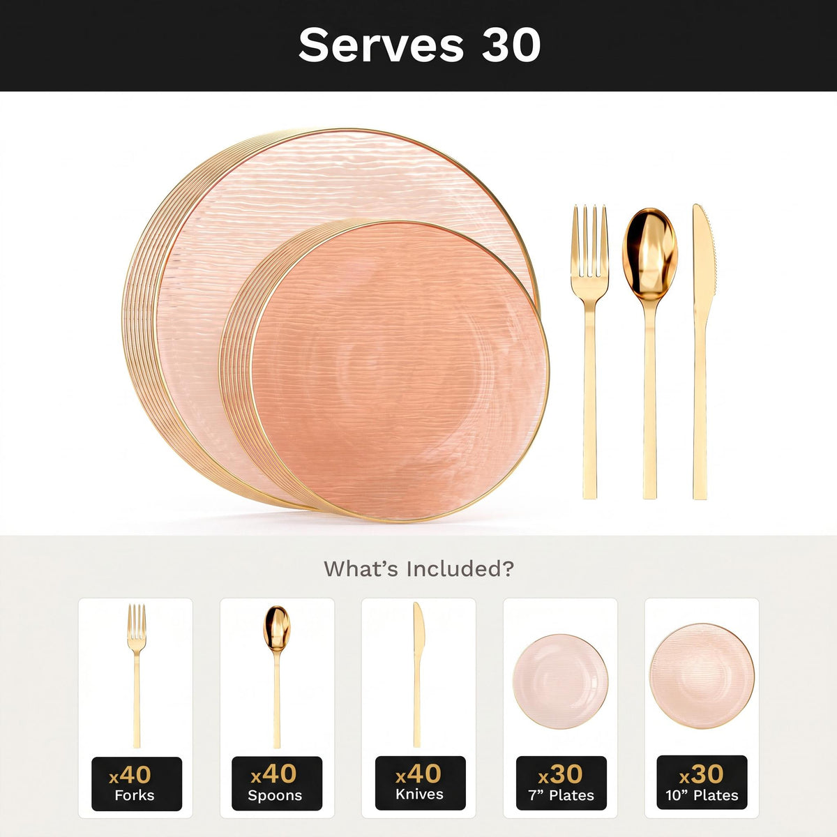 Pink Weave Deluxe Set | Plates & Gold Cutlery | Serves 30