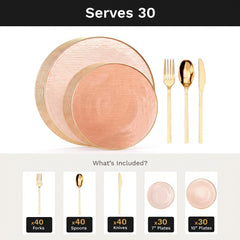 Pink Weave Deluxe Set | Plates & Gold Cutlery | Serves 30