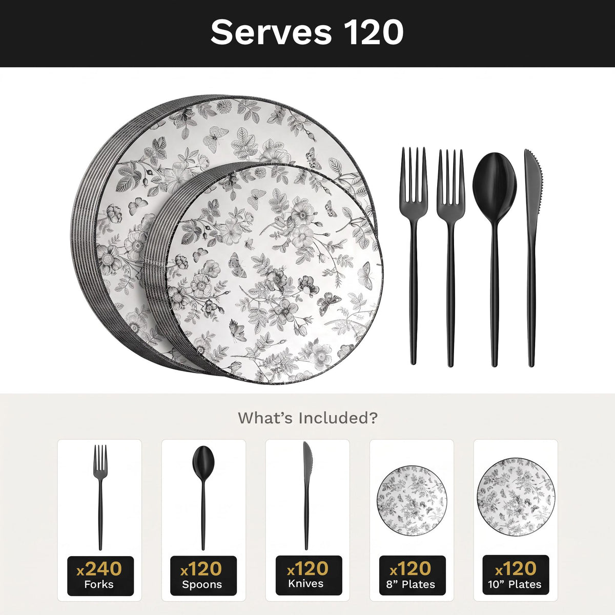 Classic Botanical Deluxe Set | Plates & Black Cutlery | Serves 120