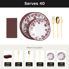 Vine Ultimate Set | Plates, Gold Cutlery & Napkins | Serves 40