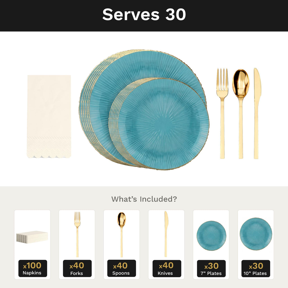 Turquoise Burst Ultimate Set | Plates, Gold Cutlery & Napkins | Serves 30