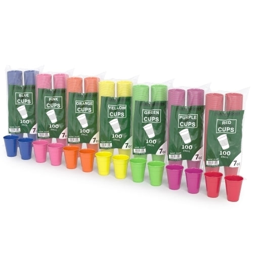 7Oz Assorted Color Plastic Cups - 7/100 - Carton