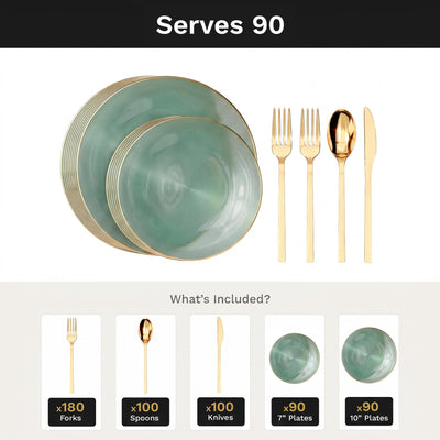 Green Luster Deluxe Set | Plates & Gold Cutlery | Serves 90