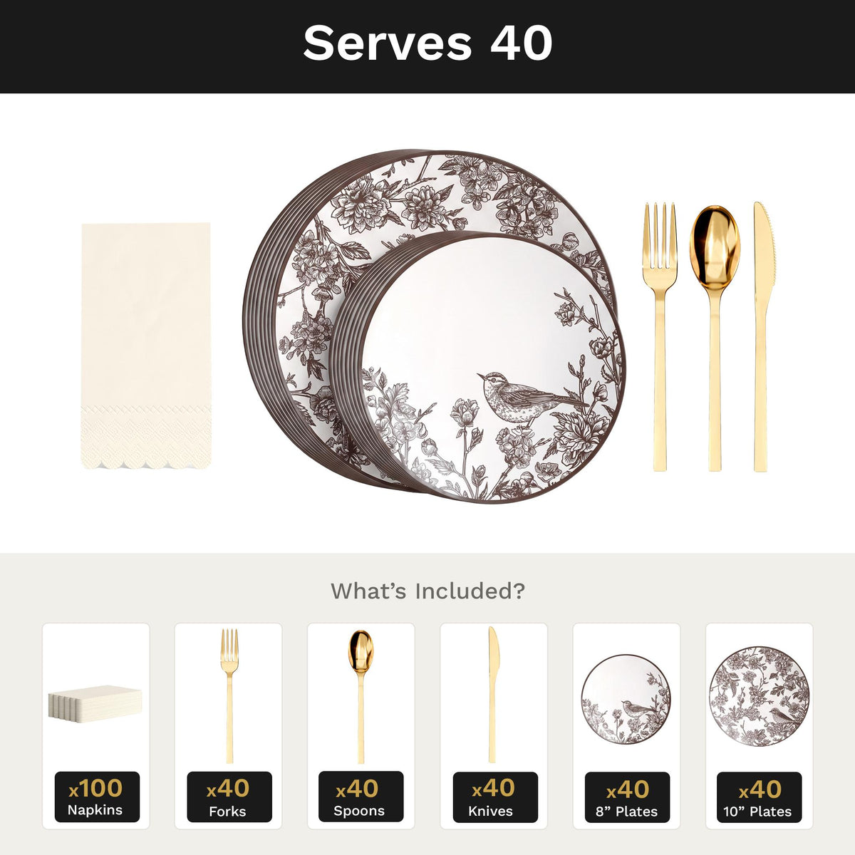 Rustik Ultimate Set | Plates, Gold Cutlery & Napkins | Serves 40