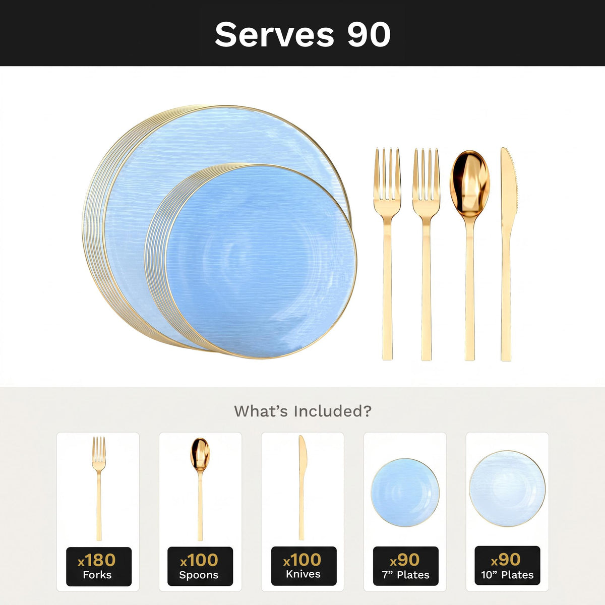 Blue Weave Deluxe Set | Plates & Gold Cutlery | Serves 90