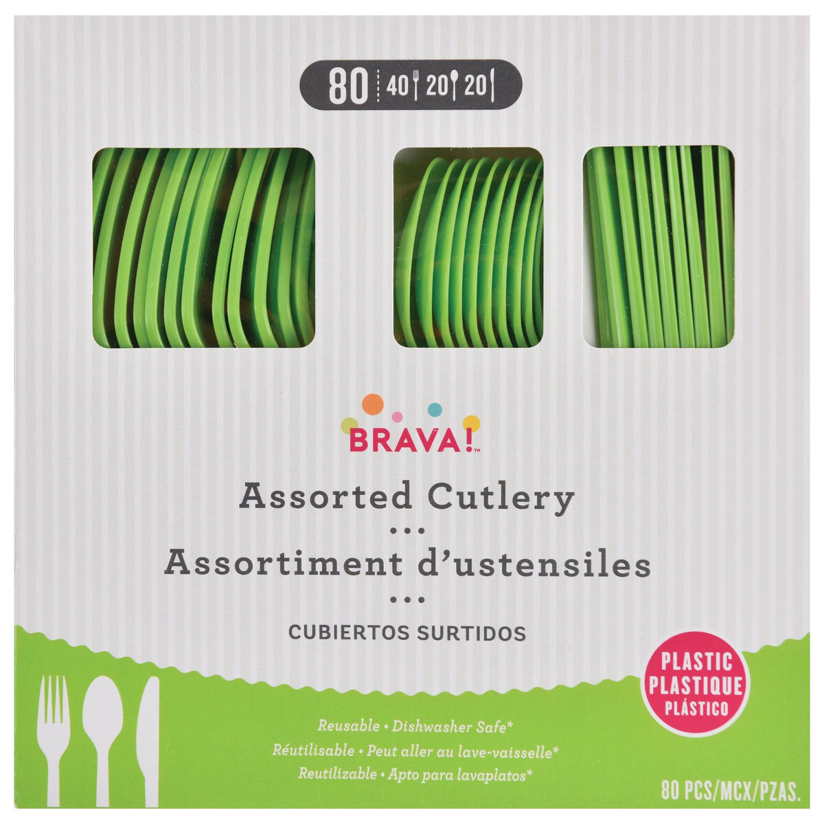 Lime Green Heavy-Duty Plastic Solid Color Reusable Cutlery, 80-ct - Case of 6