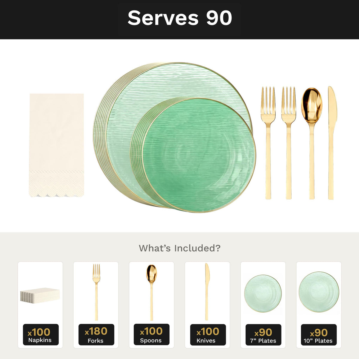 Green Weave Ultimate Set | Plates, Gold Cutlery & Napkins | Serves 90