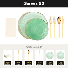 Green Weave Ultimate Set | Plates, Gold Cutlery & Napkins | Serves 90