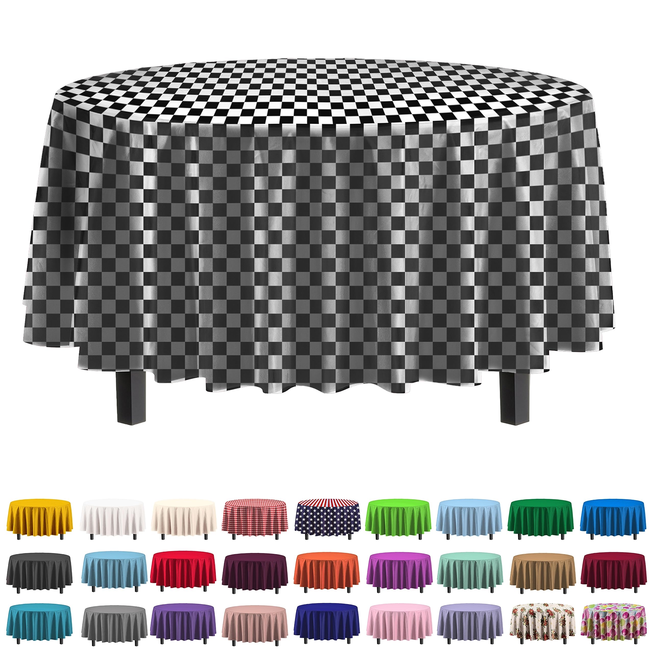 Round Black/White Checkered Table Cover | 6 Pack