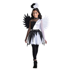 Child Twisted Angel White/Black Dress, Wings & Halo - Case of 10