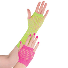 Neon Fingerless Fishnet Gloves, Yellow/Pink, One Size - Pack of 6